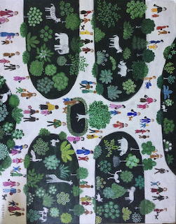 Bird's-eye folk art painting of a village with colorful people, green trees, and white animals on winding paths