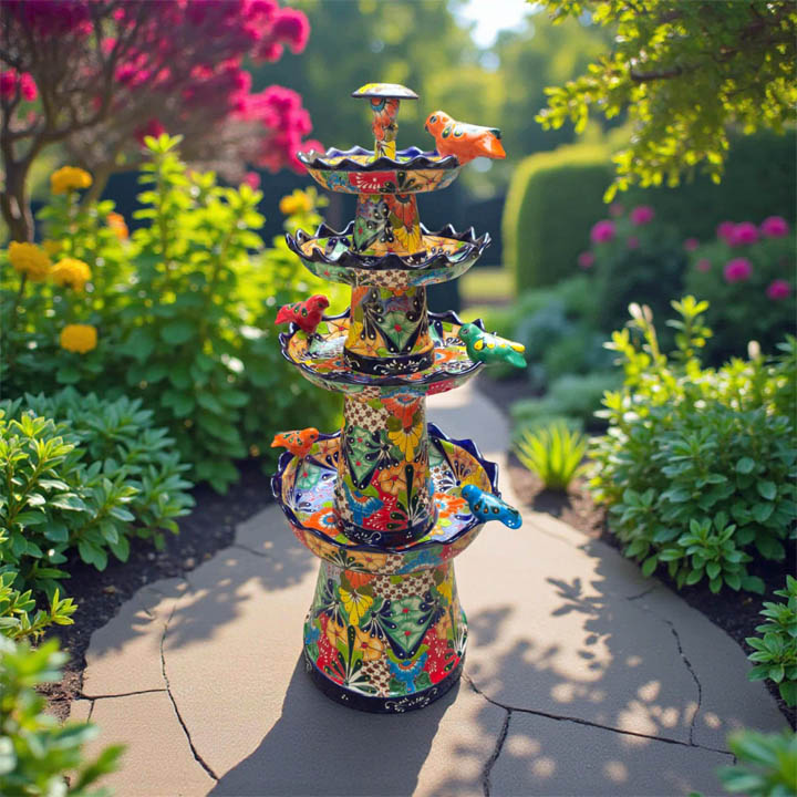 Colorful ceramic tiered fountain with hand-painted flowers and birds in a sunny garden with pink flowers and greenery