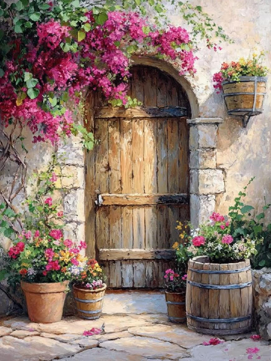 Old wooden door and window with flower pots on a rustic stone wall
