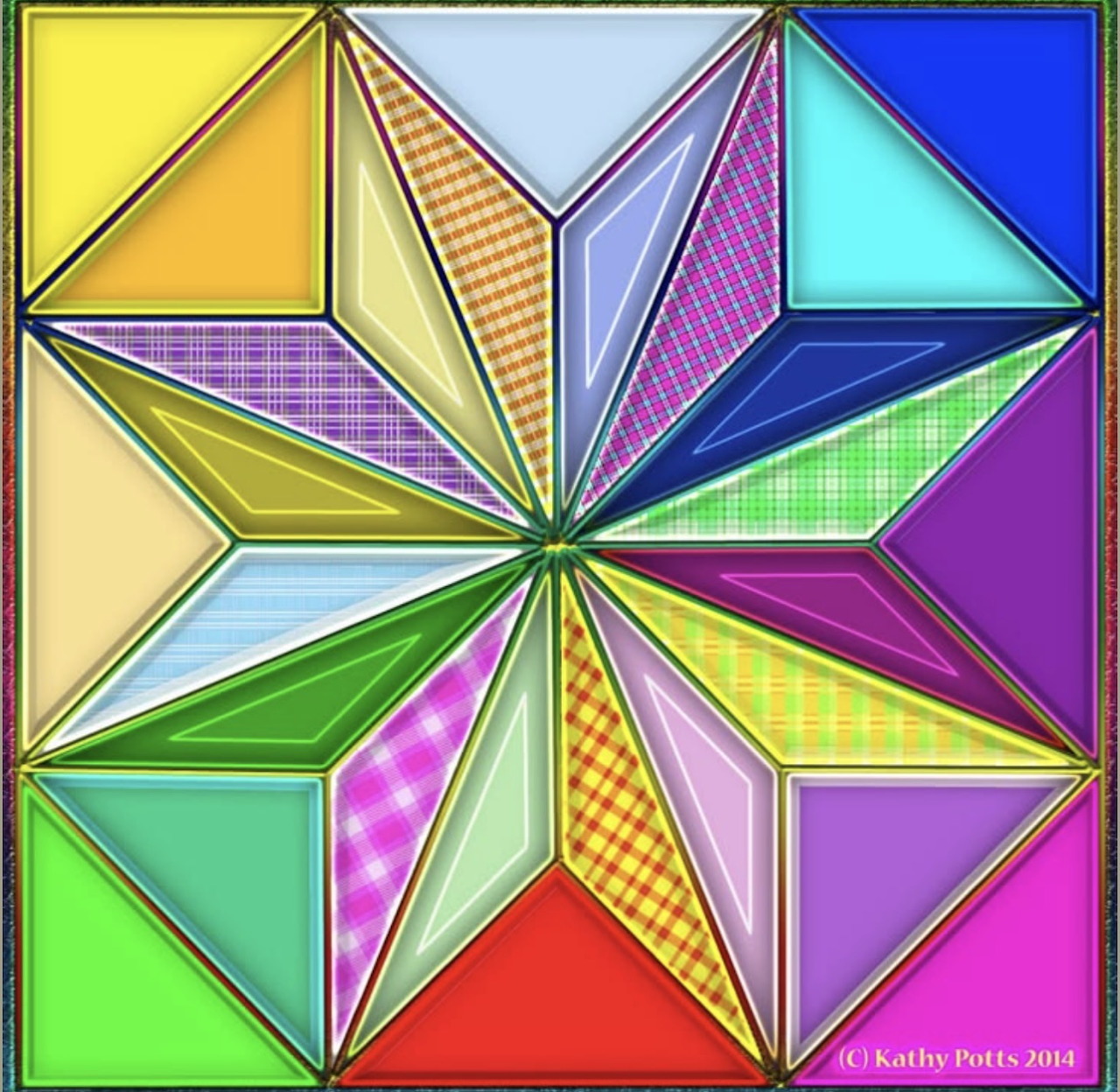 Colorful geometric starburst with patterned triangular segments radiating from center in rainbow hues