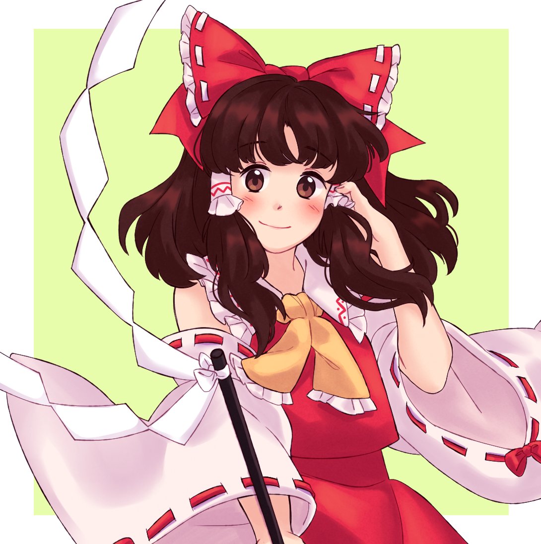 Anime girl Reimu Hakurei with a large red bow, red dress, and white sleeves on a light green background