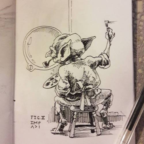 Ink drawing of a small imp sitting on a stool painting with a brush and palette inside a circular lens