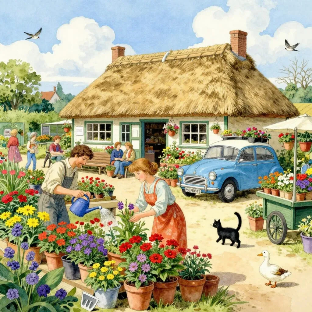 Illustration of a thatched cottage garden centre with flowers, shoppers, vintage blue car, and black cat