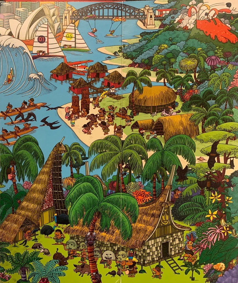 Illustrated map of tropical Oceania showing islands with villages, palm trees, boats, and wildlife in vibrant colors