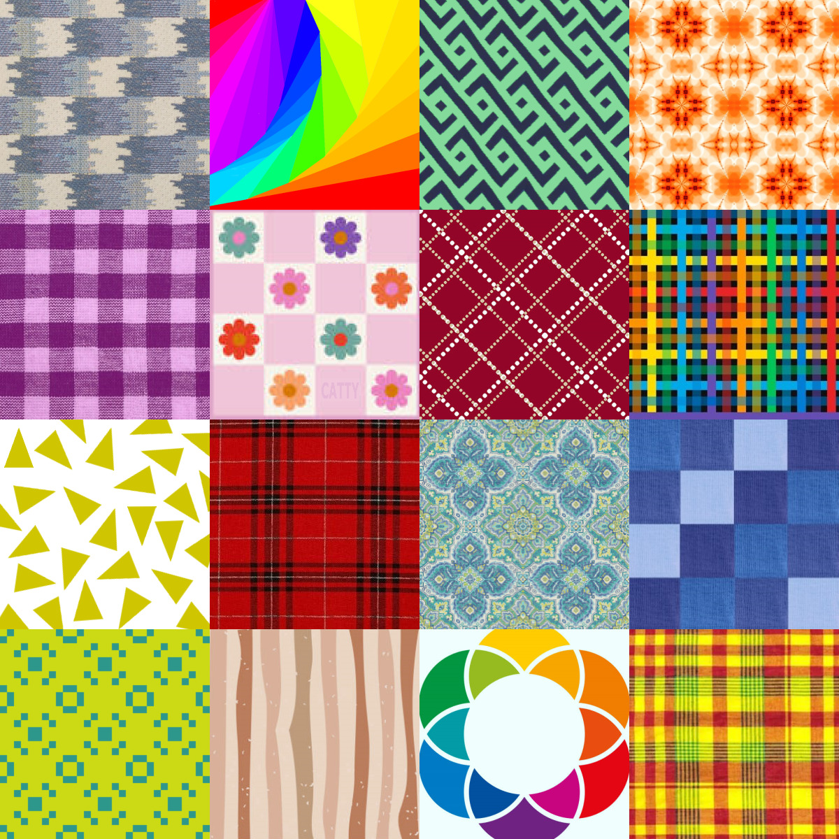 Grid of 16 colorful fabric pattern squares with plaids, florals, geometric shapes, and abstract designs