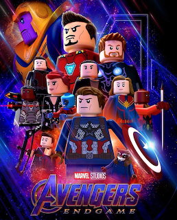 Lego minifigures of superhero characters grouped together in a poster layout