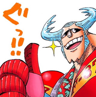 Franky from ONE PIECE anime with blue pompadour hair, sunglasses, and red jacket giving thumbs up