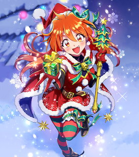 Anime girl in red Santa costume joyfully holding Christmas tree with ornaments and ribbons against snowy blue sky