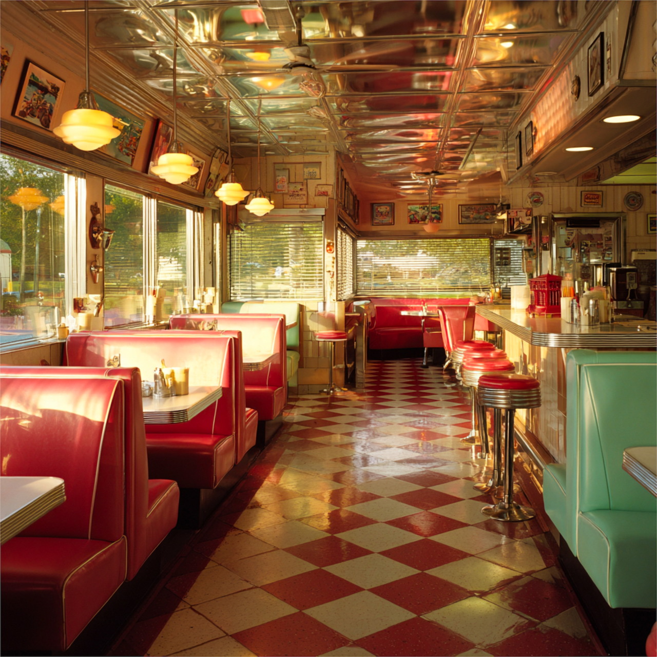 Sunlit vintage diner interior with red booths, chrome stools, and a checkerboard floor