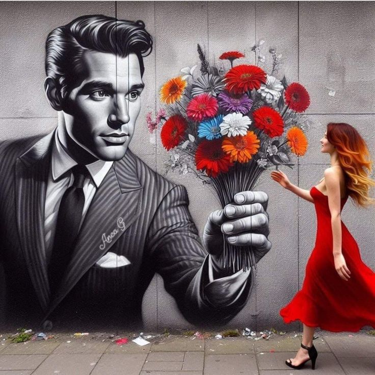 Street art mural showing suited man offering vibrant flower bouquet, woman in red dress walks by