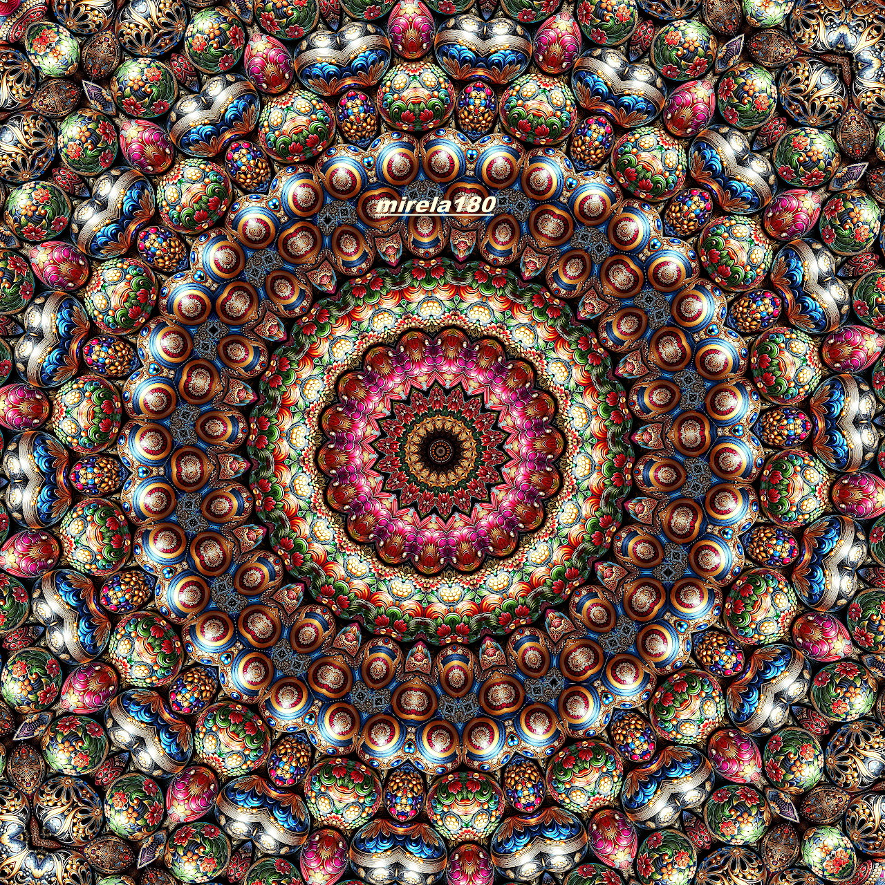Circular mandala with ornate spheres and beads in jewel tones arranged in concentric symmetrical rings