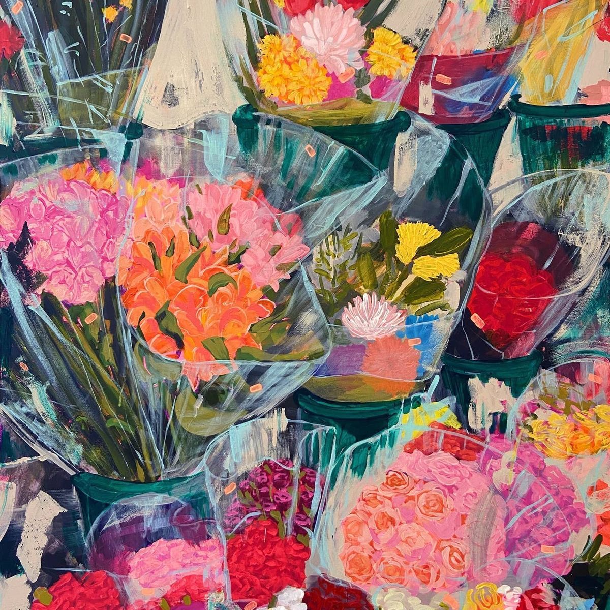 Colorful impressionist painting of flowers in glass vases with bold pink, orange and yellow brushstrokes