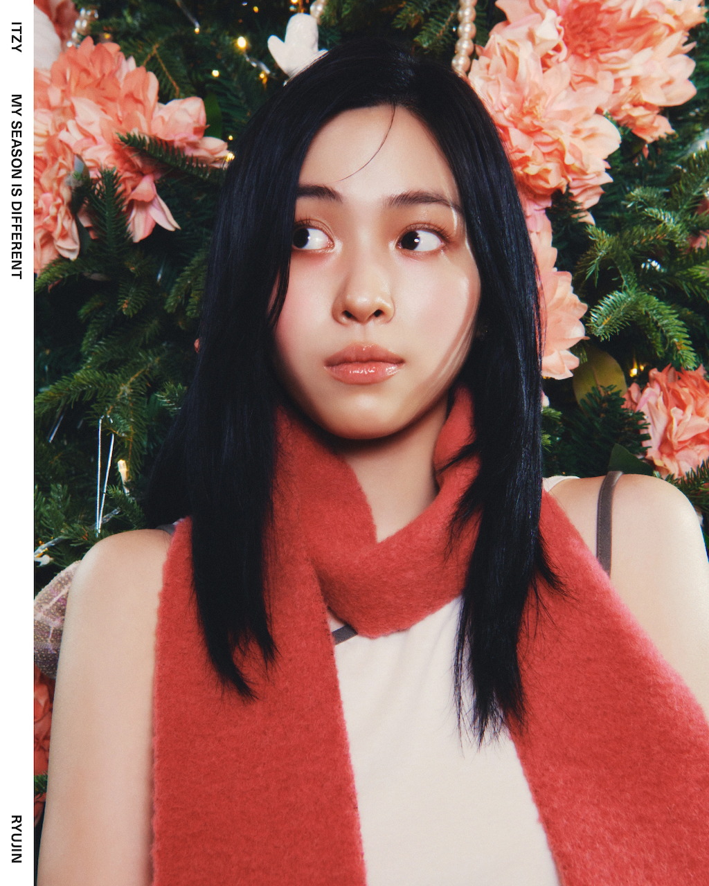 Young Korean woman with black hair wearing a red scarf, posed in front of pink flowers and green foliage.