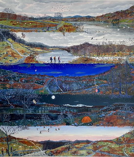 Colorful winter landscape painting with snowy lakes, hills, bare trees, and tiny walking figures