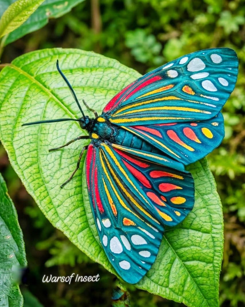 Colorful moth with blue and red patterned wings resting on a green leaf