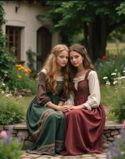 Two women in medieval dresses sitting on a stone bench in a cottage garden