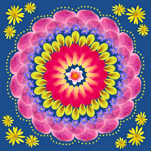 Colorful circular mandala with pink petals, yellow center, and yellow flower accents on blue background
