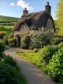 Charming stone cottage with thick thatched roof, white flowering bushes, and gravel path through garden