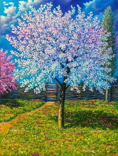 Painting of a flowering tree in a bright garden with green grass and blue sky