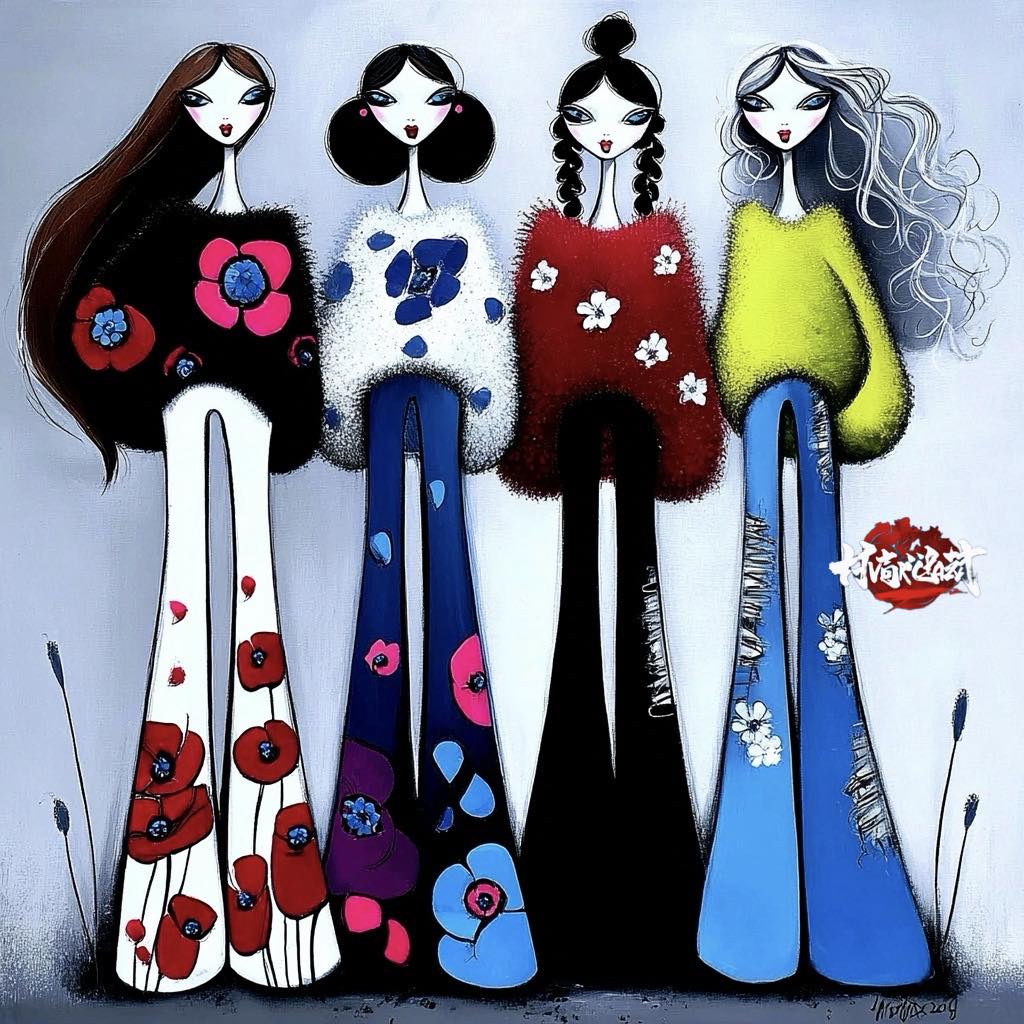 Illustration of four stylized women wearing colorful 70s fashion with floral patterns and bell-bottoms