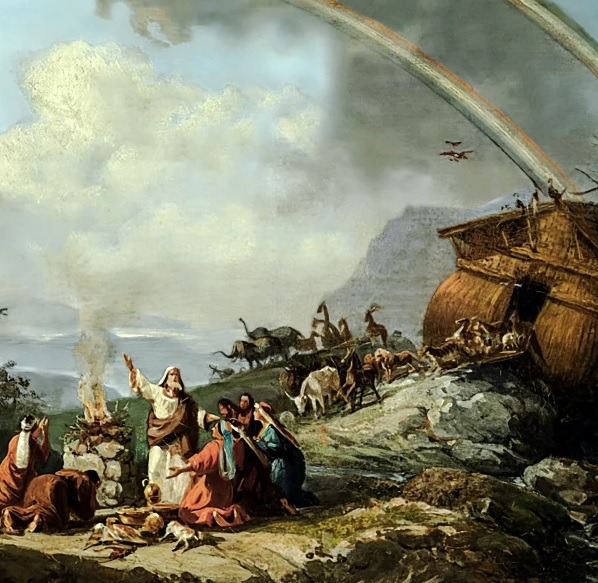Oil painting of Noah's Ark on shore with people, animals, and rainbow in stormy sky