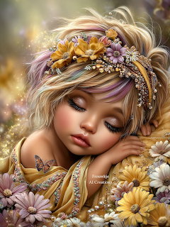 Digital art of a sleeping pixie girl with floral headband, nestled among yellow and pink flowers