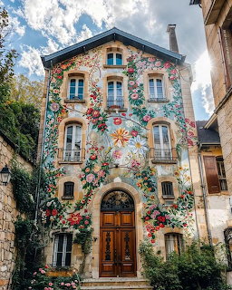 Stone house with colorful floral mural covering its facade, featuring roses and various flowers