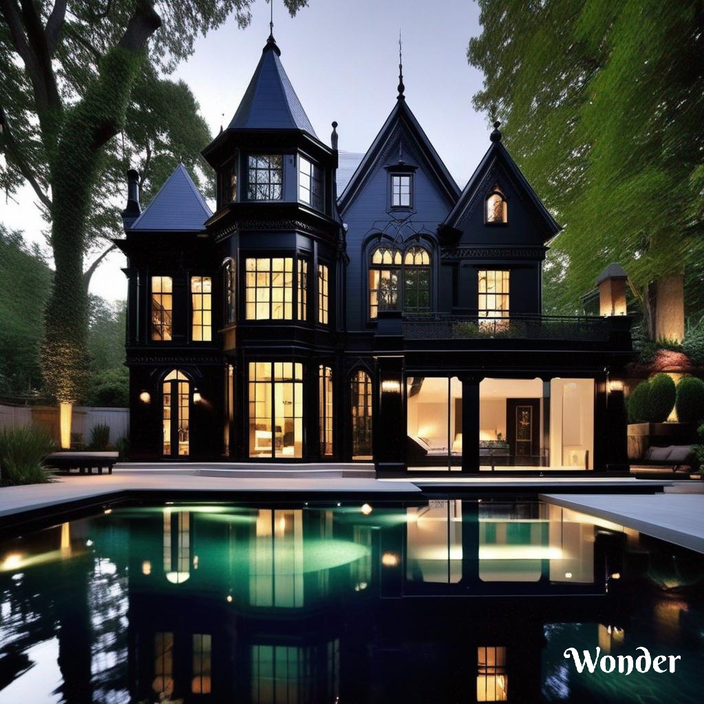 Gothic mansion with lit windows reflected in pool at dusk