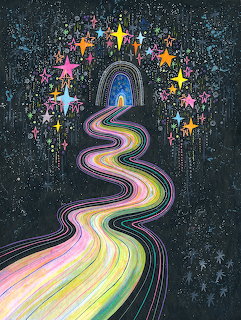 Winding rainbow path flows through starry night sky to glowing rainbow arch with colorful stars