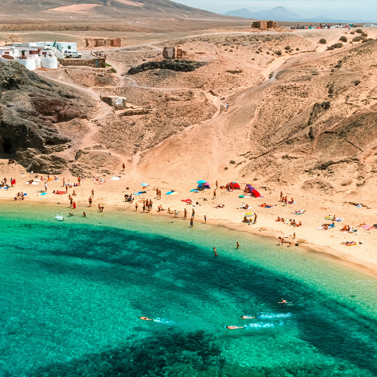 Aerial view of a sandy beach cove with turquoise water, swimmers, and rocky desert hills