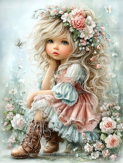 Pastel illustration of a little girl in a flower crown and pink dress sitting among roses