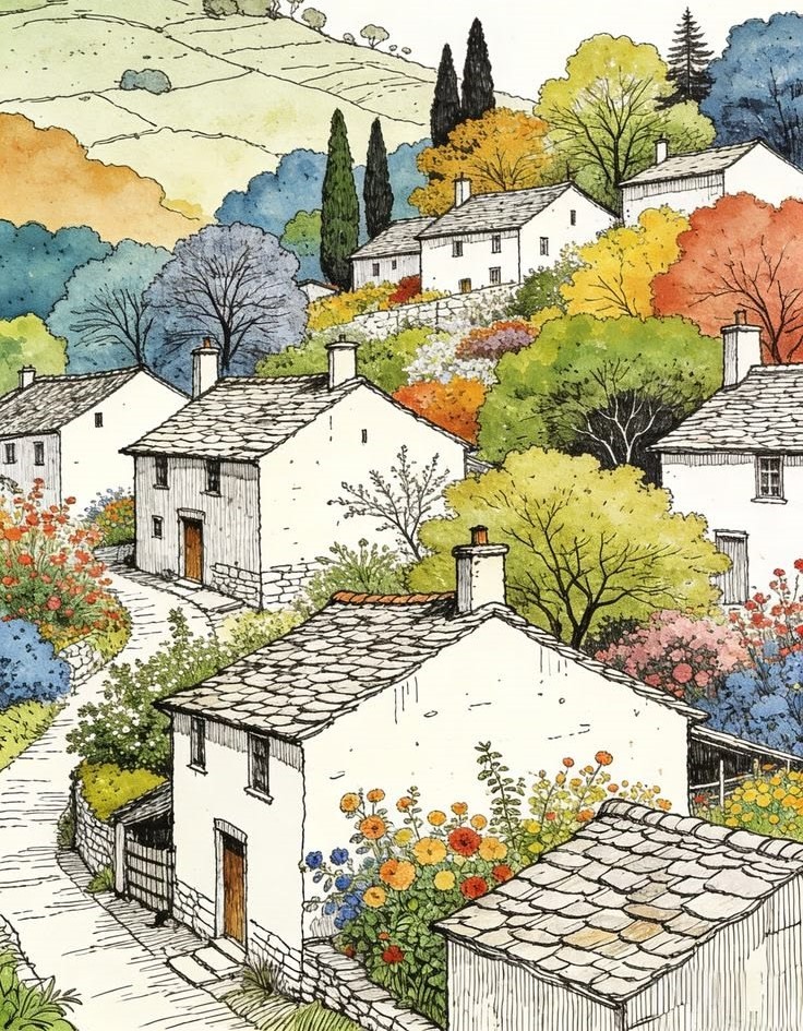 Watercolor painting of hillside village with white houses, stone roofs, and colorful autumn foliage