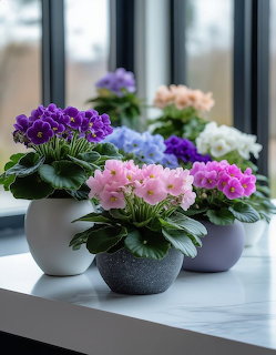 Row of potted African violets in various colors on a white windowsill with natural light