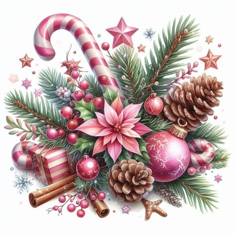 Watercolor Christmas arrangement with pink poinsettia, candy canes, pine cones, ornaments, and fir branches