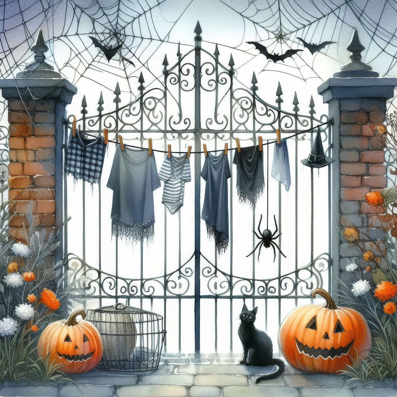 Halloween gate decorated with pumpkins, hanging clothes, spider webs, black cat and flying bats
