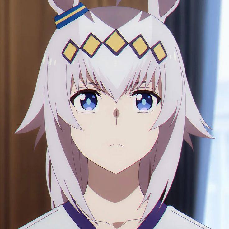 Anime close-up of Oguri Cap with white hair, blue eyes, and horse ears