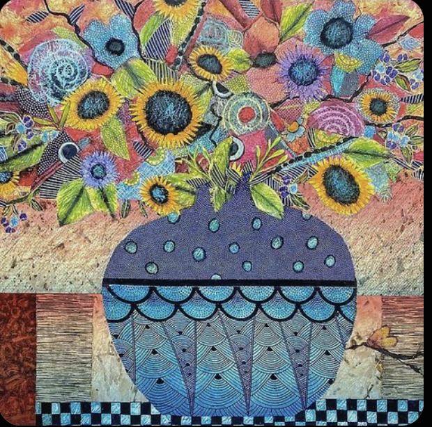 Colorful folk art painting of sunflowers and flowers in decorative blue vase on checkered floor