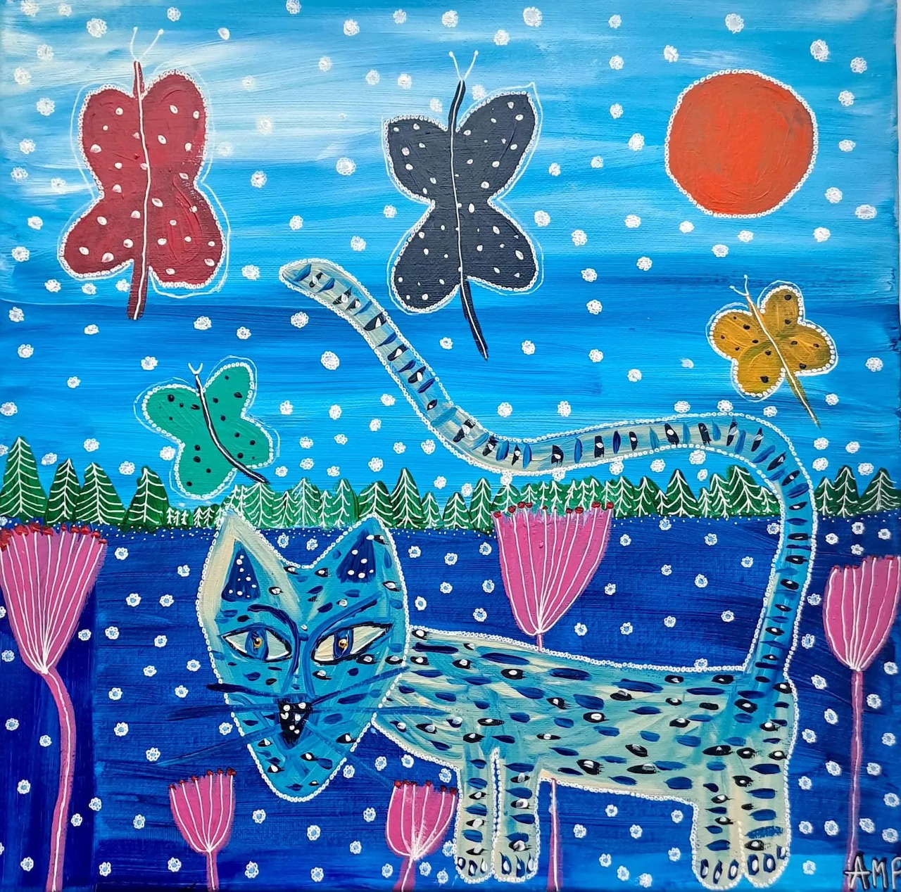 Blue patterned cat with butterflies and flowers in folk art style