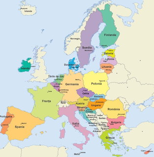 Colorful labeled political map of Europe showing countries and borders