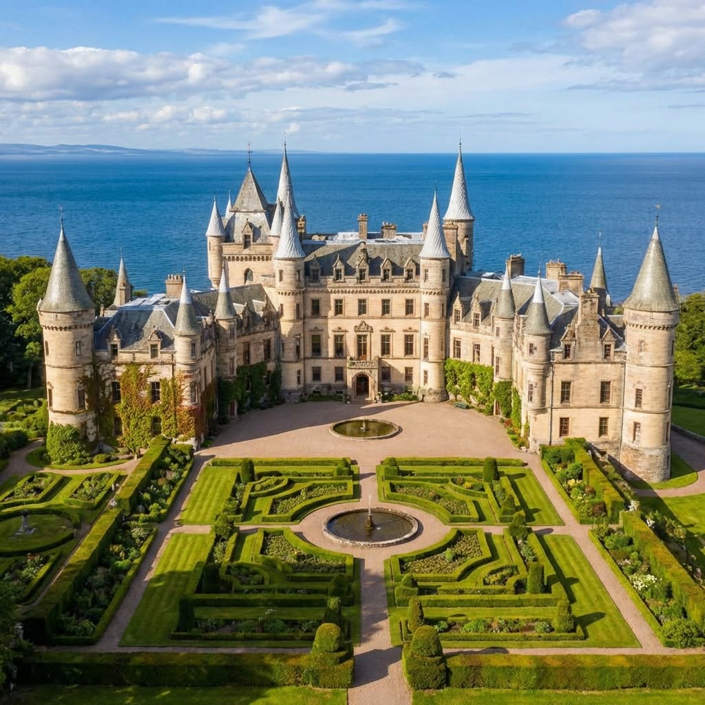 Dunrobin Castle with ornate gardens and ocean backdrop