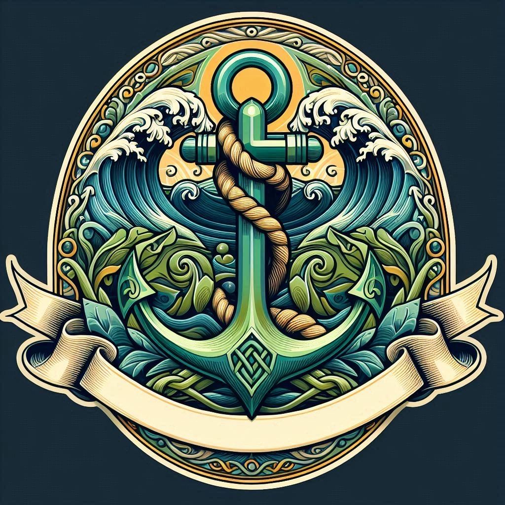 Ornate green anchor illustration with rope, waves, and decorative scroll banner