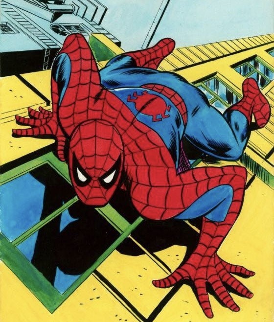 Comic-style Spiderman crawling across a rooftop in a red and blue suit