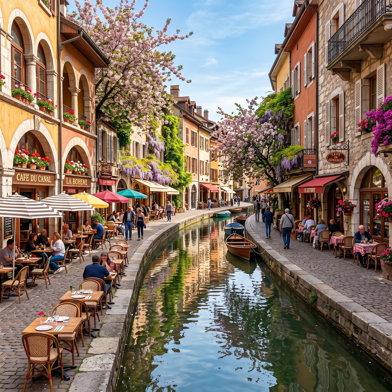 European canal with cafes, colorful buildings, and flowering trees along cobblestone street