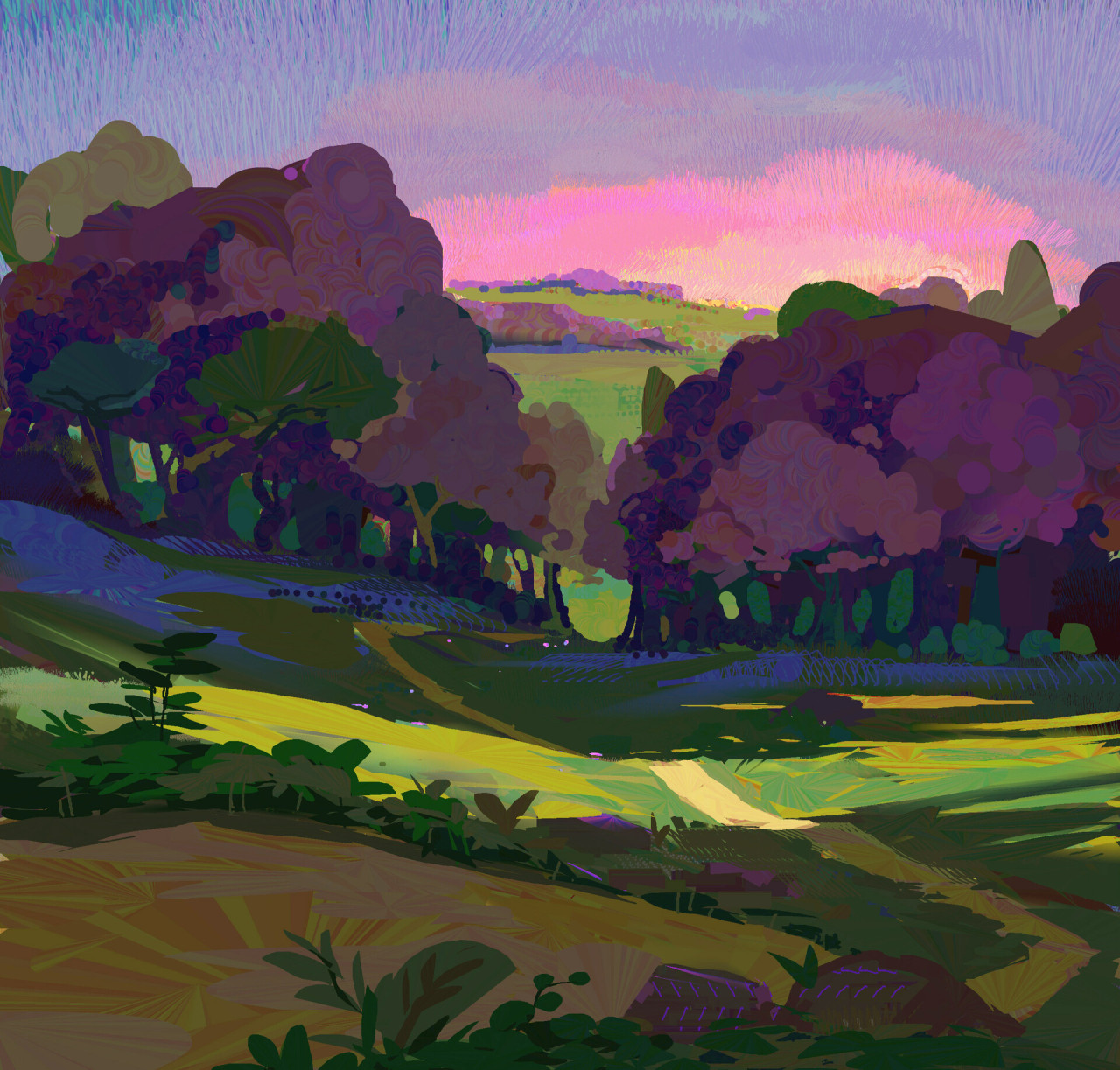 Impressionistic landscape painting with green hills, purple trees, and pink sunset sky
