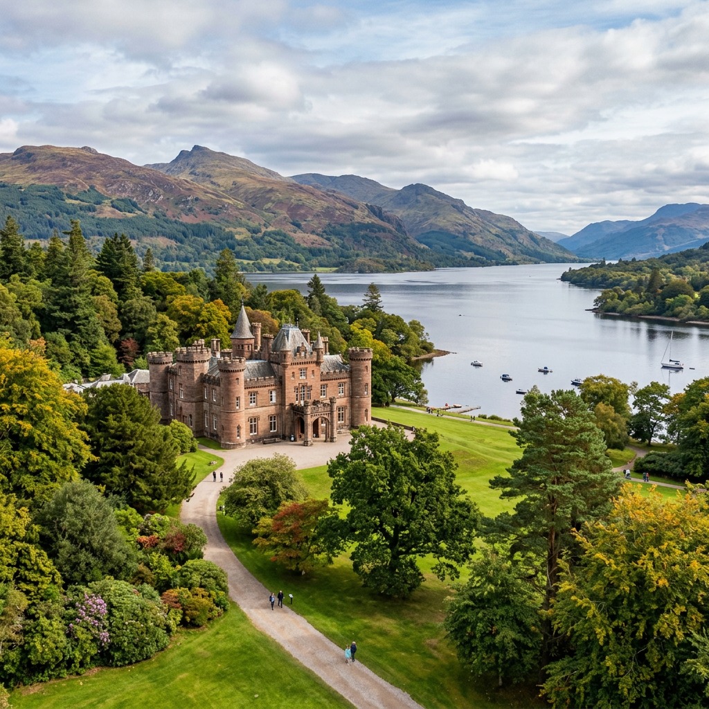 Historic red sandstone castle on green lawn beside loch with mountains and trees