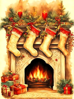 Five decorative Christmas stockings hanging on ornate fireplace mantel with lit candles, pine garland, and gift boxes