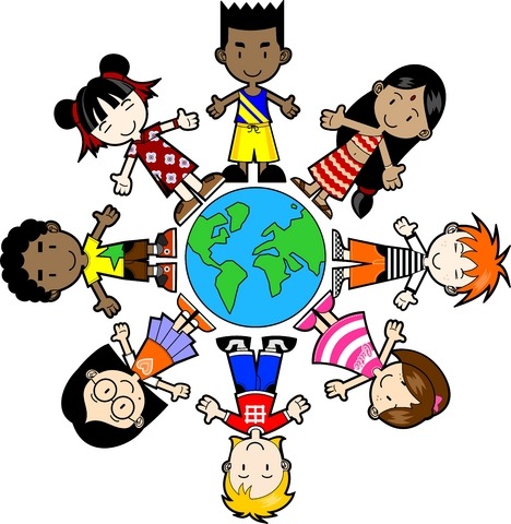 Cartoon children of different ethnicities holding hands around Earth globe