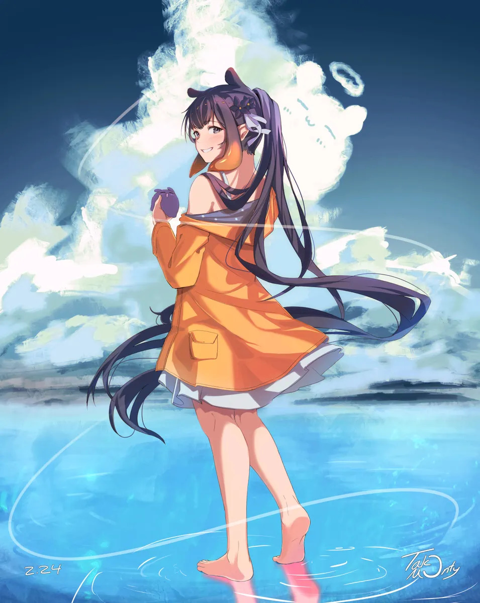 Anime girl with purple hair and octopus tentacles in orange dress standing in shallow water under dramatic clouds