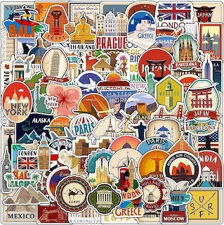 Colorful collage of overlapping vintage travel stickers showing world landmarks, flags, and destination symbols