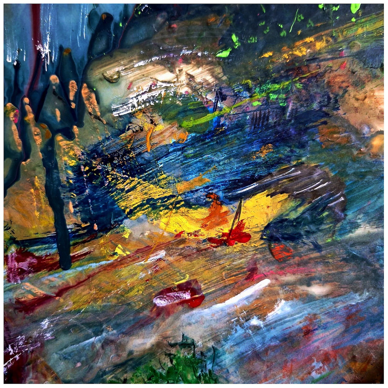 Abstract painting with bold colorful brush strokes and thick impasto texture in blues, oranges, and yellows